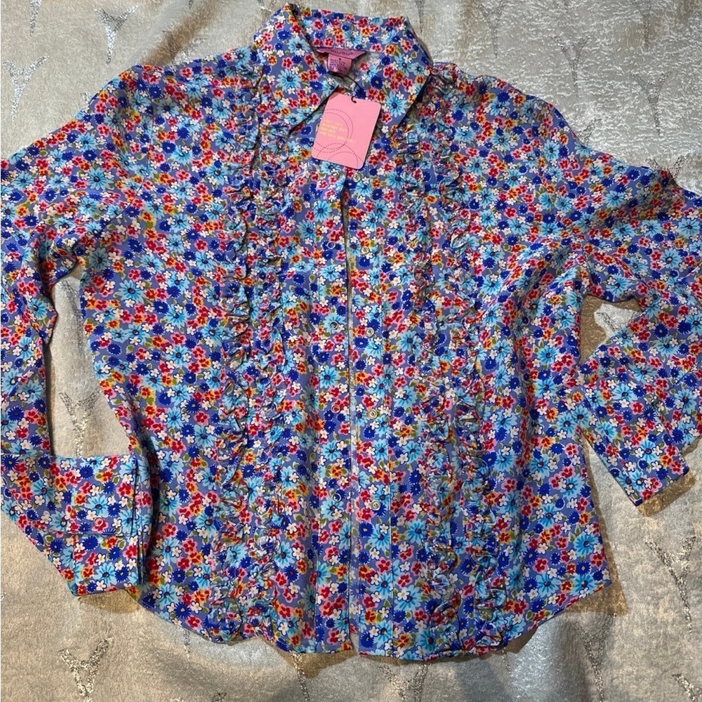 Jou Jou  Floral Blouse - Blue and Red 100 % silk nwt